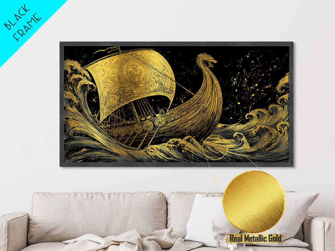 Naglfar Viking Ship Metallic Gold Art Metal Art Norse Mythology Longship Wall Hanging Decor Office Art Man Cave Gift framed in real wood