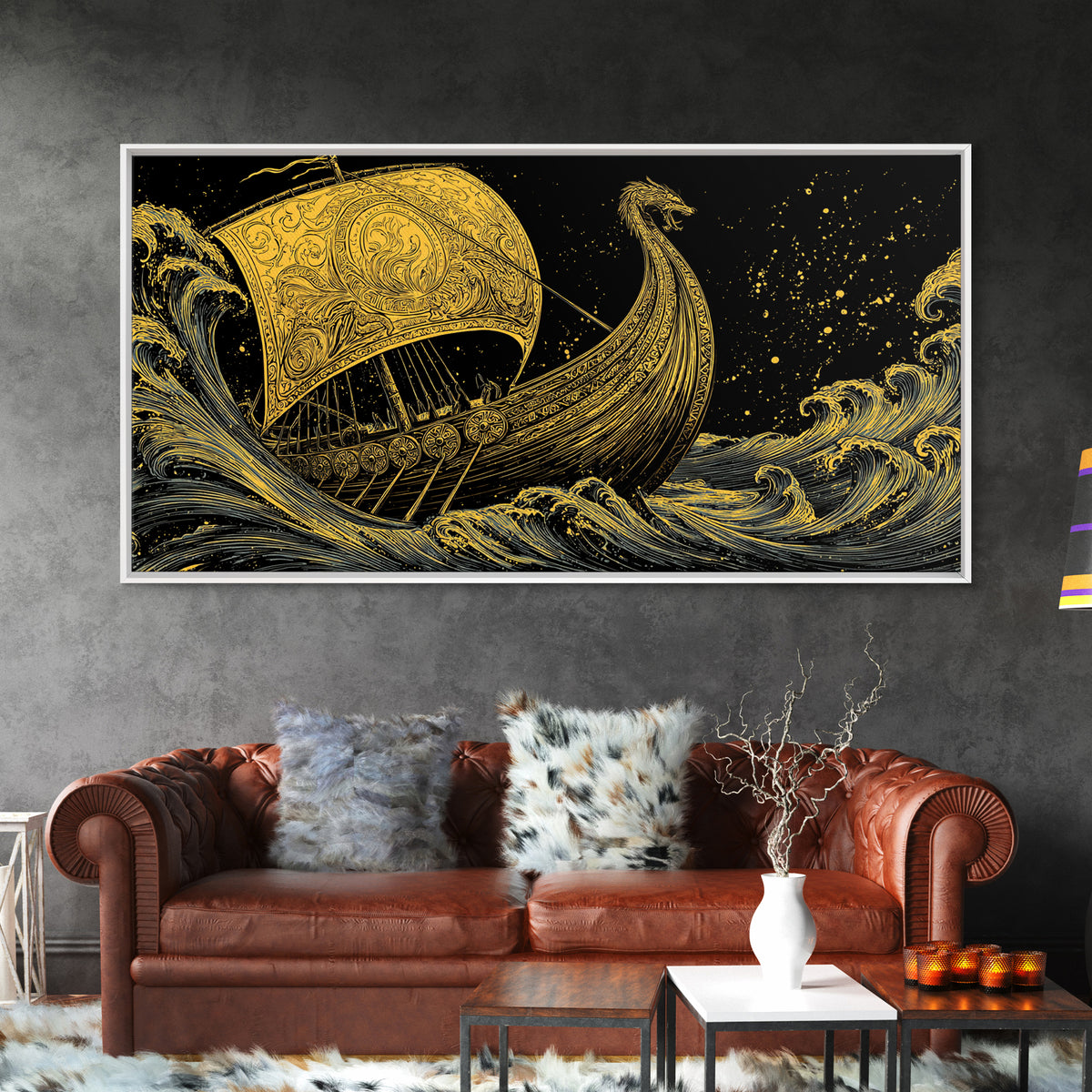 Naglfar Viking Ship Canvas Gold Art Canvas Art Norse Mythology Longship Wall Hanging Decor Office Art Man Cave Gift framed in real wood