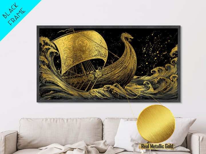 Naglfar Viking Ship Metallic Gold Art Metal Art Norse Mythology Longship Wall Hanging Decor Office Art Man Cave Gift framed in real wood