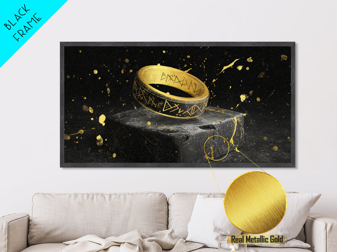 Viking Rune Ring Metallic Gold Art Nordic Symbol Metal Art Norse Jewelry Wall Decor, Office Art or Dad Gift with real wood frame