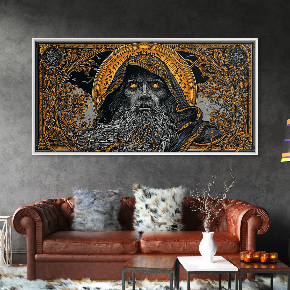 Ragnarok Battle Canvas Gold Art Viking Apocalypse Scene Canvas Art, Norse Mythology Man Cave Art with sturdy real wood frame