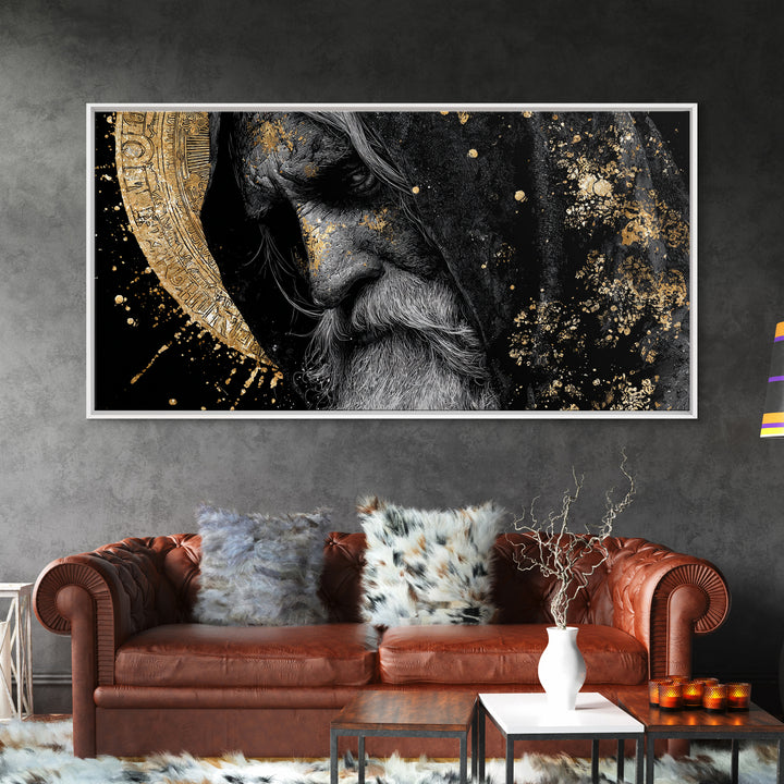 Odin Wisdom Canvas Gold Art Nordic Mythology Norse God Canvas Art, Viking Office Wall Decor for Men framed in natural wood