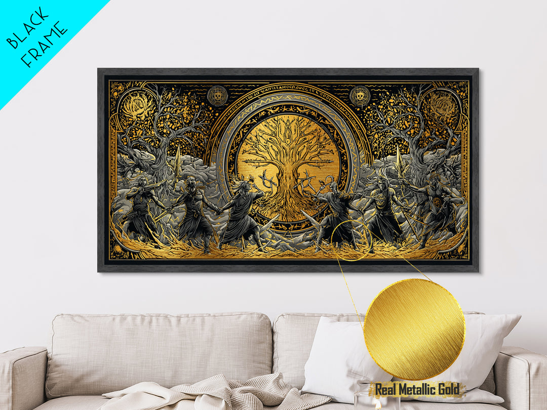 Sköll Wolf Metallic Gold Art Norse Mythology Metal Art, Viking Wolf Devours the Sun Wall Decor in real wood frame for office