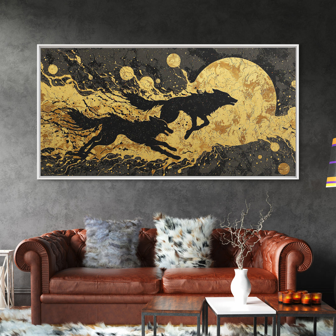 Fenrir Wolf Canvas Gold Art Norse Mythology Canvas Art, Viking Beast of Ragnarok Wall Decor for Office or Man Cave in wood frame