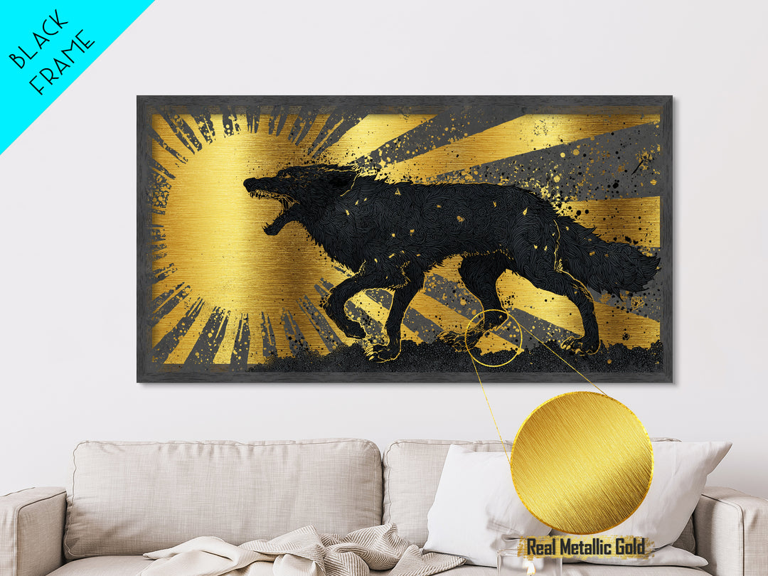 Hati and Sköll Wolves Metallic Gold Art Norse Mythology Metal Art, Viking Sun and Moon Chase Wall Decor framed in real wood