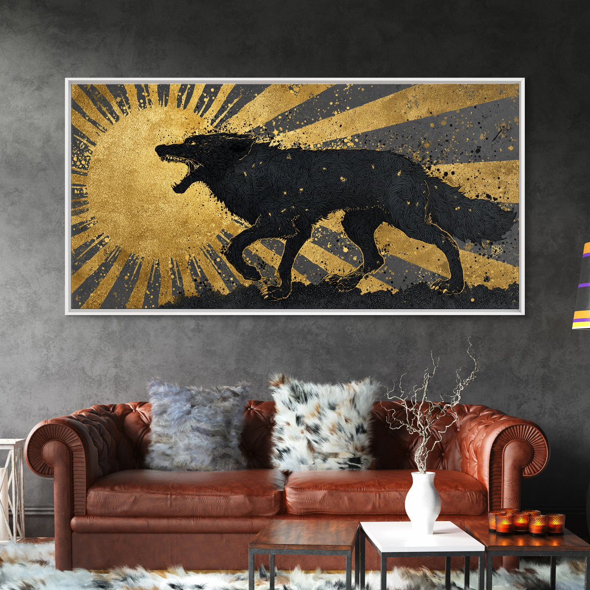 Hati and Sköll Wolves Canvas Gold Art Norse Mythology Canvas Art, Viking Sun and Moon Chase Wall Decor framed in real wood