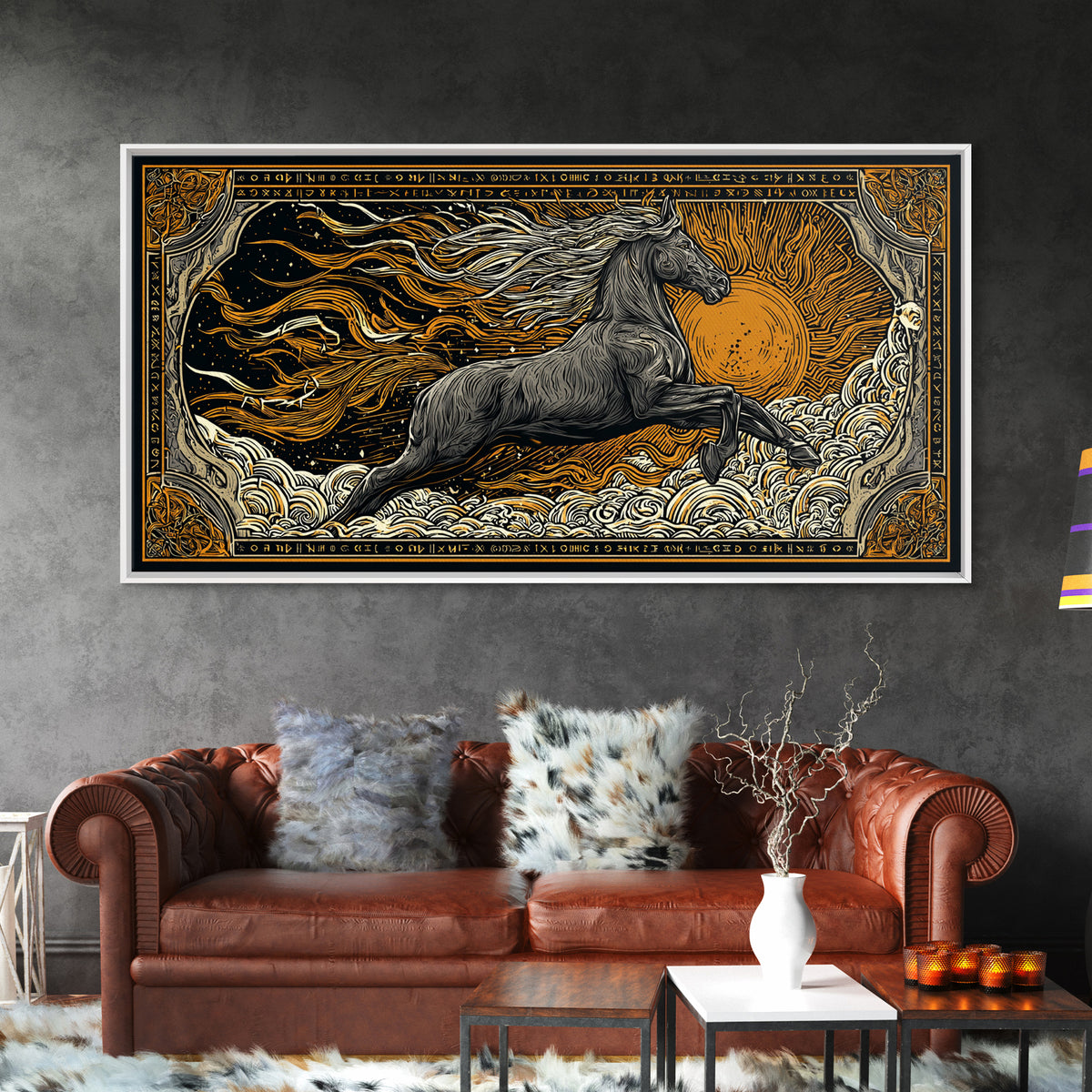 Mythical Sleipnir Canvas Gold Art Wall Decor, Odin’s Eight-Legged Horse Norse Canvas Art with real wood frame, Viking Office Art