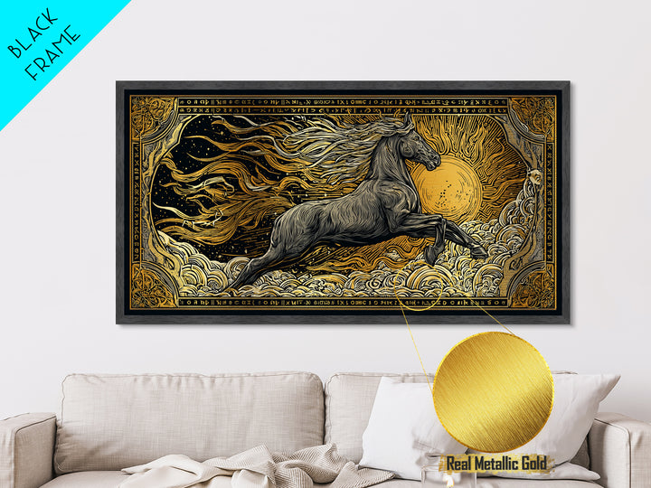 Mythical Sleipnir Metallic Gold Art Wall Decor, Odin’s Eight-Legged Horse Norse Metal Art with real wood frame, Viking Office Art