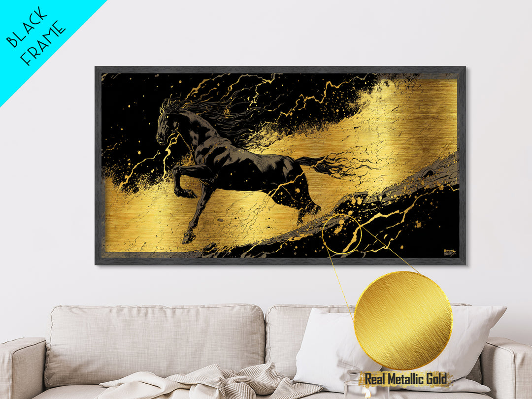 Nordic Sleipnir Horse Metal Art, Metallic Gold Art in Norse Mythology Style, Man Cave Wall Art for Men, framed in authentic wood