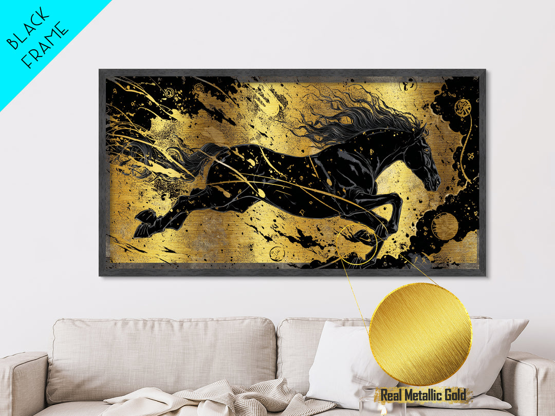 Sleipnir Norse Horse Metallic Gold Art, Nordic Mythology Metal Art for Man Cave or Office, framed in natural wood, unique Dad Gift