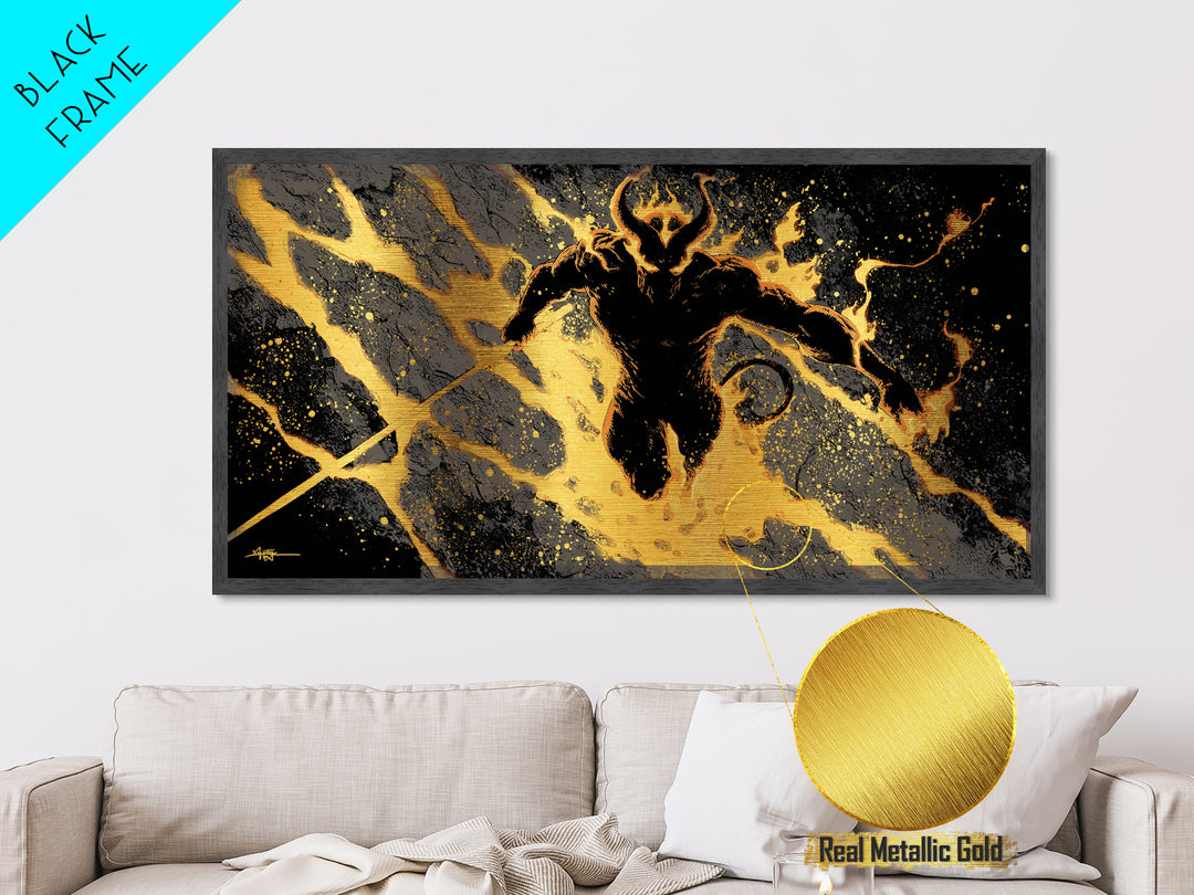 Mythical Surtur with Flaming Sword Metallic Gold Art, Viking Metal Art Norse Decor, Man Cave Office Art, framed in handcrafted wood