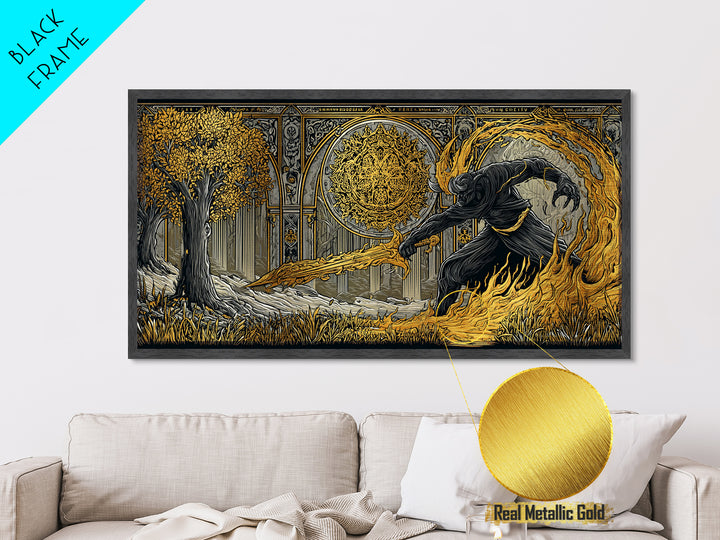 Surtur Norse Fire Giant Metal Art, Nordic Mythology Metallic Gold Art for Office Wall or Man Cave, framed in real wood, bold Dad Gift