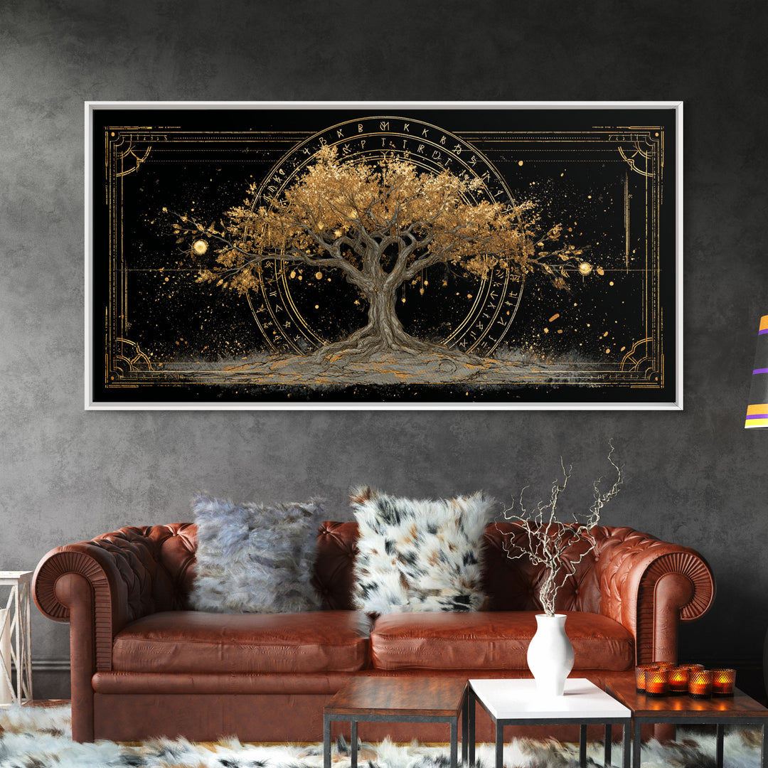 The World Tree Yggdrasil Canvas Gold Art, Norse Mythology Canvas Art for Office, Viking Man Cave Decor, framed in natural wood