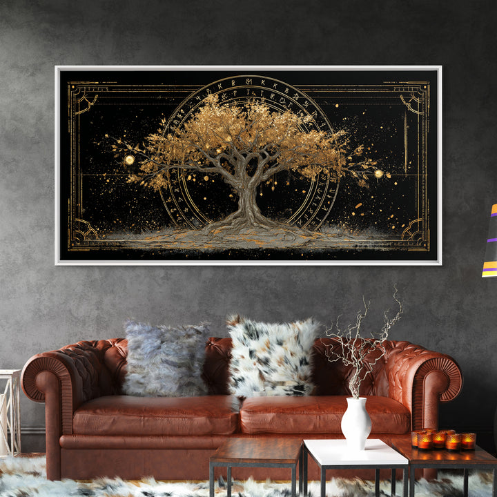 The World Tree Yggdrasil Canvas Gold Art, Norse Mythology Canvas Art for Office, Viking Man Cave Decor, framed in natural wood