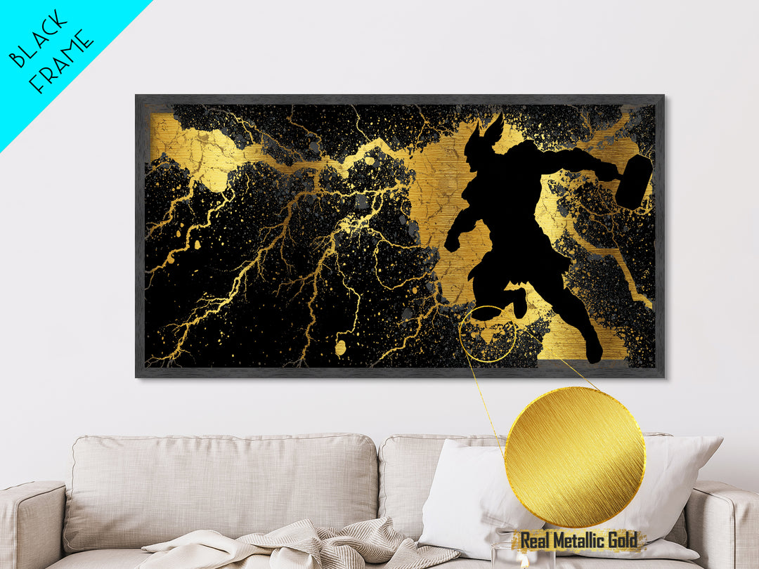 Viking Thor with Mjolnir Metallic Gold Art, Norse Mythology Metal Art Wall Decor for Man Cave or Dad Gift, framed in solid wood