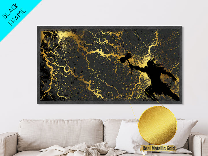 Thor God of Thunder Metal Art, Metallic Gold Art with Lightning, Norse Mythology Wall Decor, Office Art for Men, framed in real wood