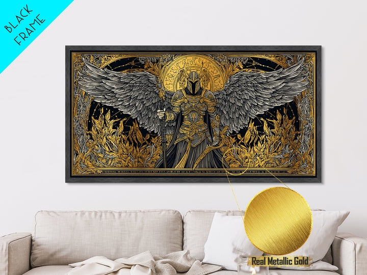 Winged Valkyrie Warrior Metal Art, Metallic Gold Art Norse Decor, Nordic Mythology Office Art for Men, framed with real wood detail