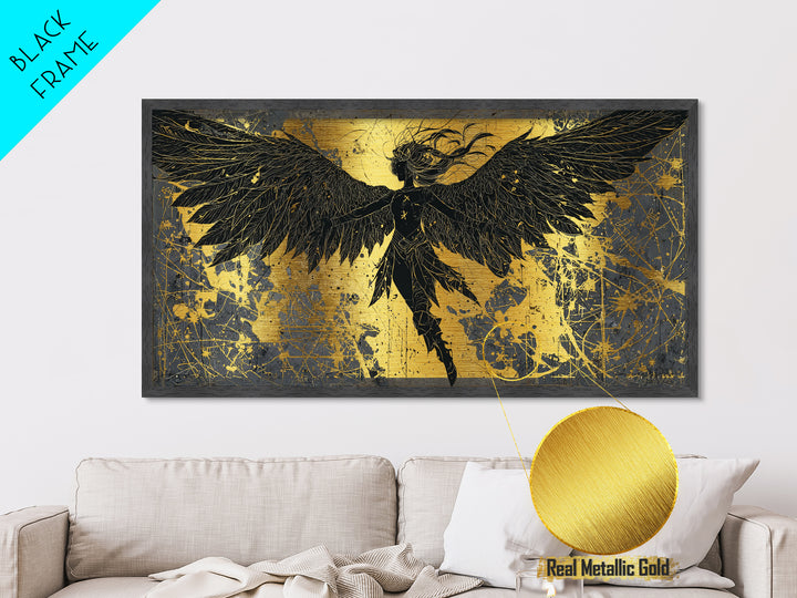 Valkyrie Metallic Gold Art Nordic Metal Art with Real Wood Frame, Norse Mythology Warrior Wall Decor for Office or Man Cave