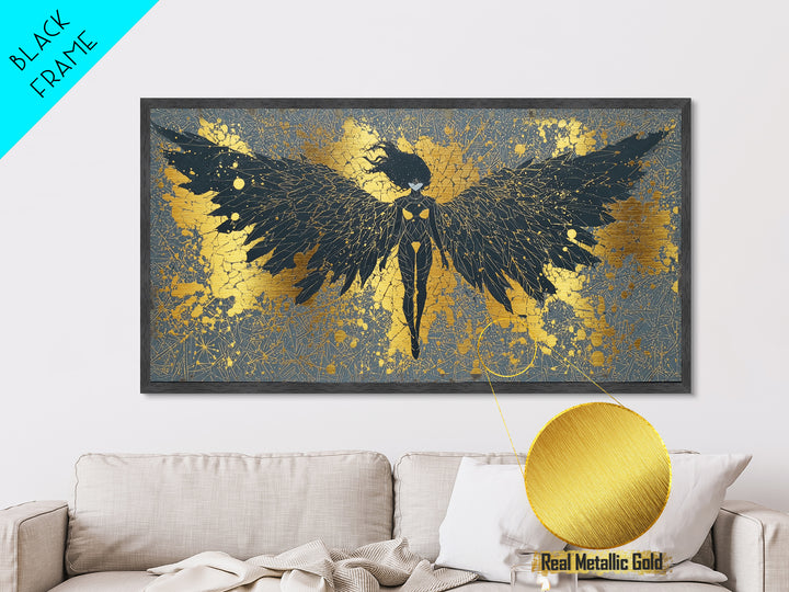 Metal Art Valkyrie Angel Metallic Gold Art, Norse Mythology Wall Hanging framed in Natural Wood, Dad Gift or Office Decor