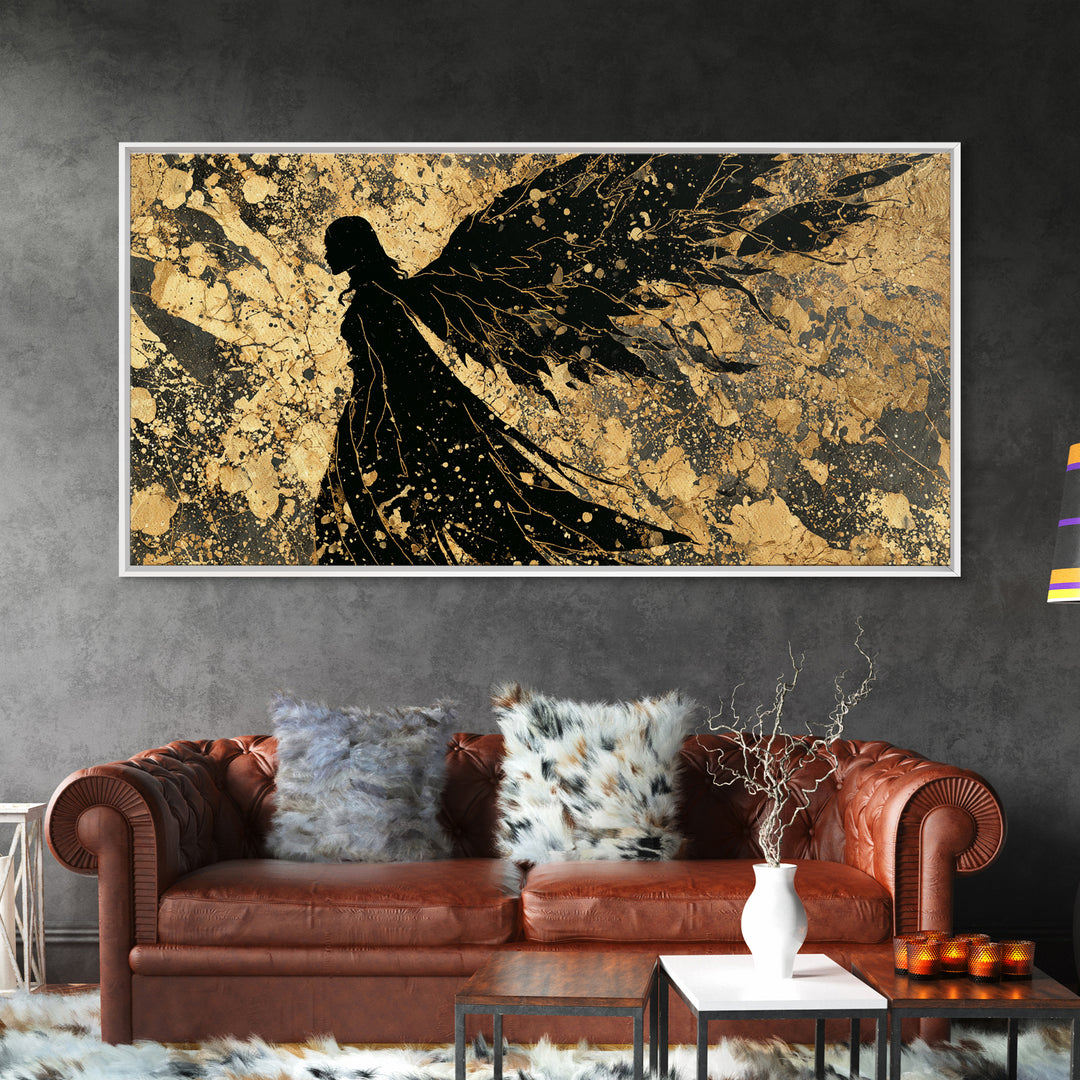 Valkyrie Canvas Gold Art, Norse Mythology Canvas Art Warrior Woman, Nordic Decor for Office or Man Cave, framed in natural wood