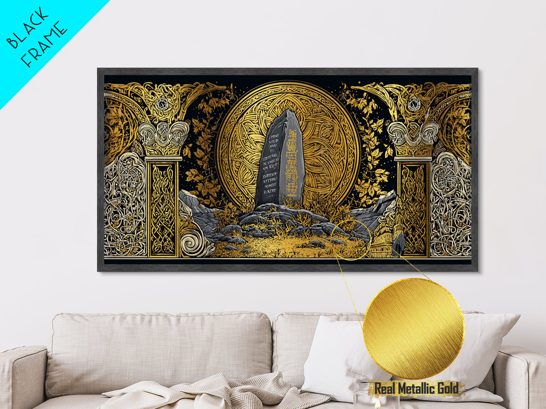 Viking Helmet Metallic Gold Art Metal Art, Norse Warrior Helmet Decor framed in Natural Wood, Nordic Office or Dad Gift Wall Art