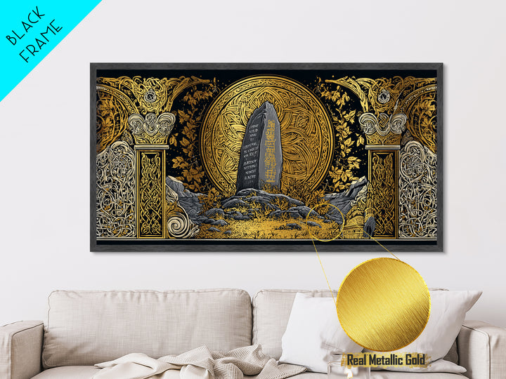 Viking Helmet Metallic Gold Art Metal Art, Norse Warrior Helmet Decor framed in Natural Wood, Nordic Office or Dad Gift Wall Art