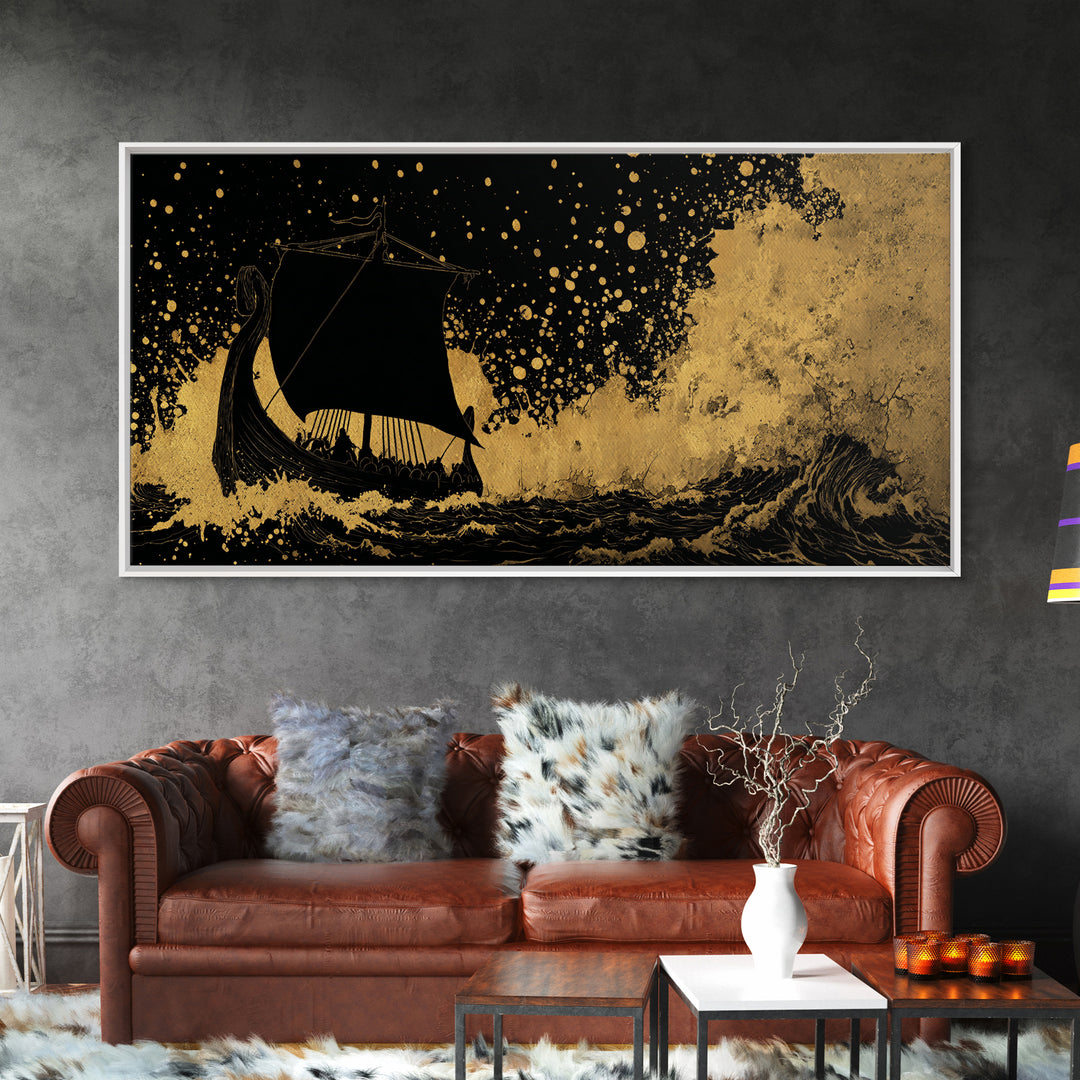 Canvas Art Viking Rune Stone Canvas Gold Art, Norse Mythology Wall Decor with Real Wood Frame, Man Cave Nordic Office Artwork