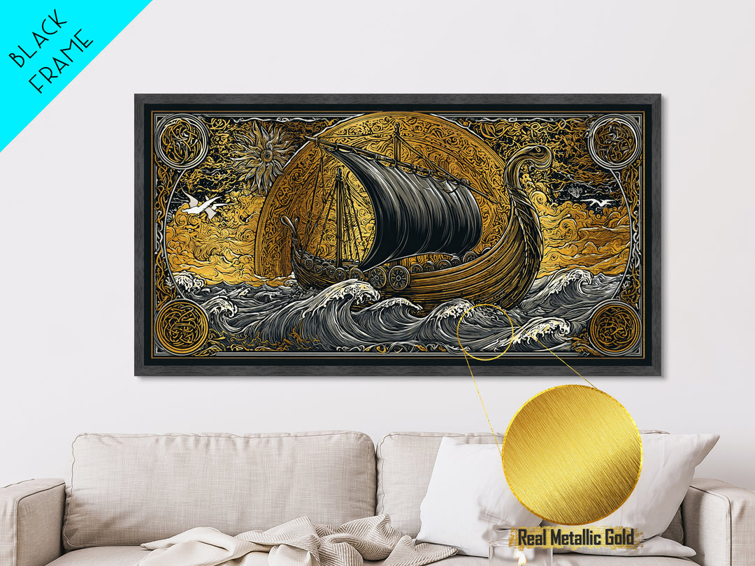 Viking Ship Metallic Gold Art Metal Art, Norse Longboat Sailing Wall Decor with Real Wood Frame, Nordic Mythology Office Artwork