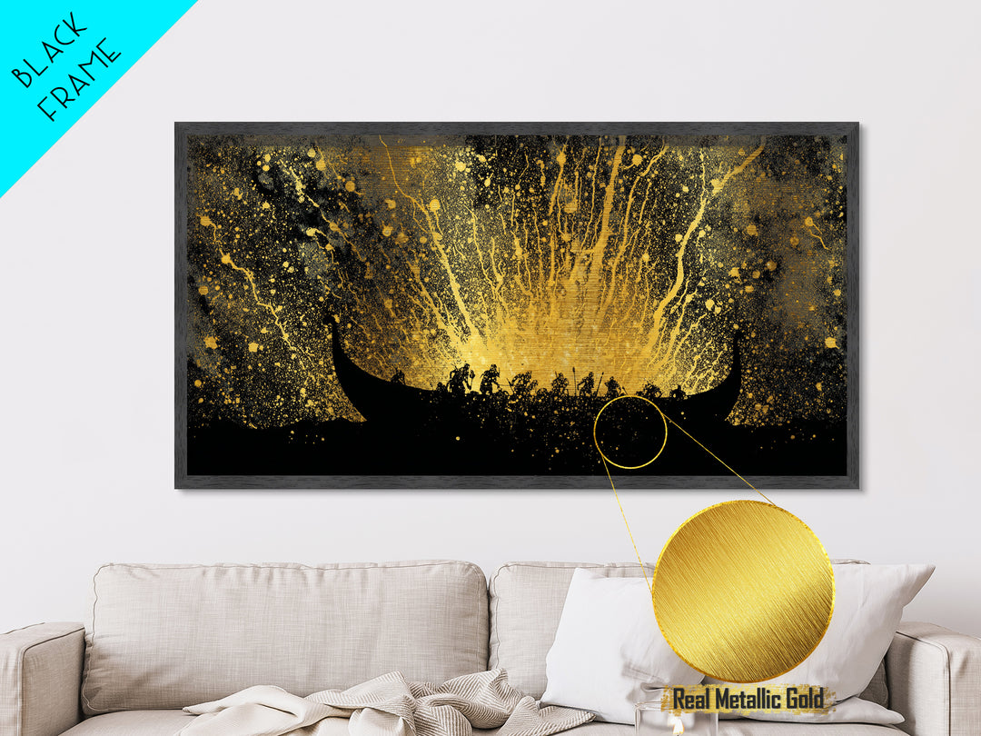 Metal Art Viking Longship Metallic Gold Art, Nordic Seafaring Norse Decor in Real Wood Frame, Man Cave or Office Wall Hanging
