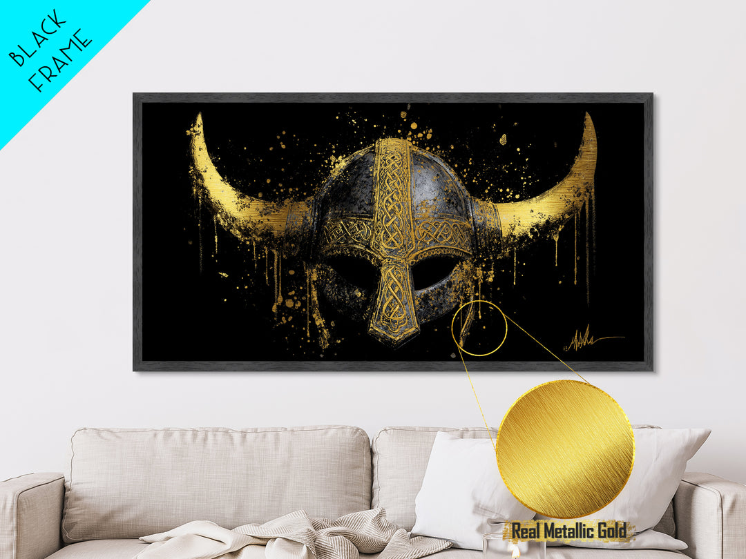 Nordic Valkyrie Metallic Gold Art Metal Art, Norse Goddess Warrior Silhouette with Wings, Man Cave Wall Art in Real Wood Frame