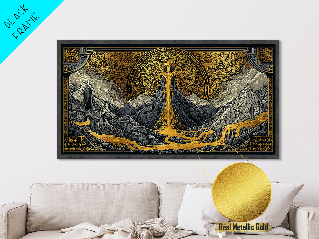 Yggdrasil Metallic Gold Art Metal Art, Norse World Tree of Life Wall Decor framed in Natural Wood, Nordic Mythology Office Artwork