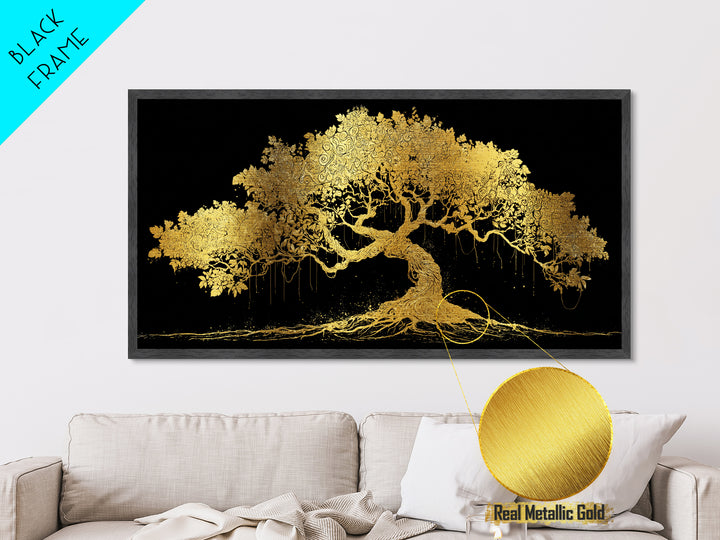 Metal Art Yggdrasil Metallic Gold Art, Norse Tree of Life Wall Hanging with Real Wood Frame, Nordic Mythology Man Cave or Dad Gift