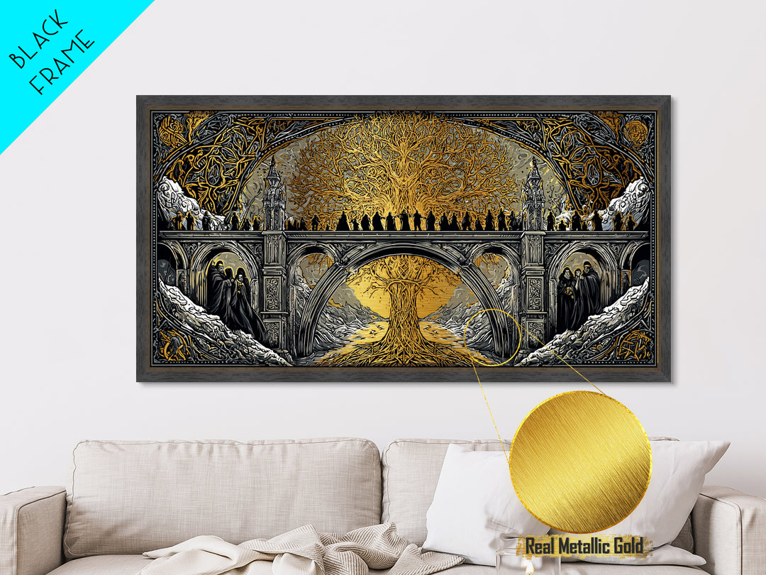 Yggdrasil Bridge Nordic Mythology Wall Decor | Metallic Gold Art Metal Art | Norse Gods Fantasy Scene framed in real wood