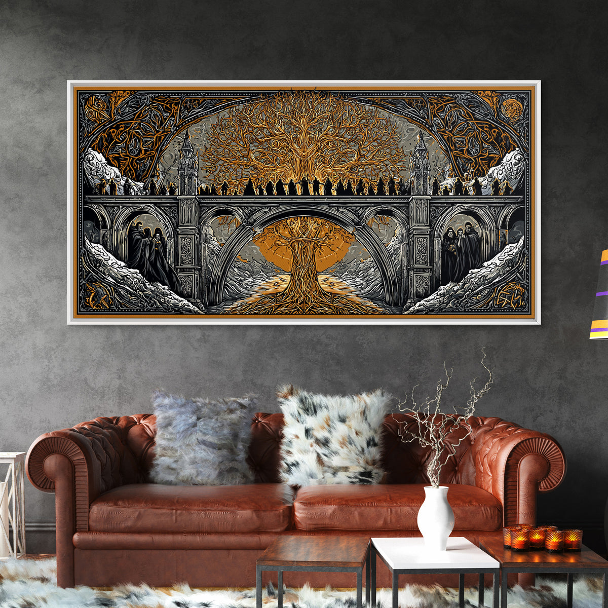 Yggdrasil Bridge Nordic Mythology Wall Decor | Canvas Gold Art Canvas Art | Norse Gods Fantasy Scene framed in real wood