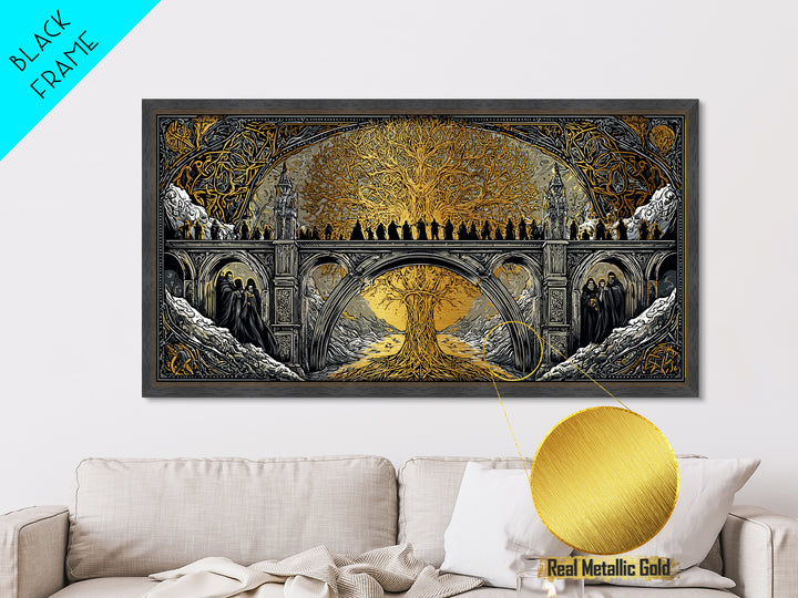 Yggdrasil Bridge Nordic Mythology Wall Decor | Metallic Gold Art Metal Art | Norse Gods Fantasy Scene framed in real wood