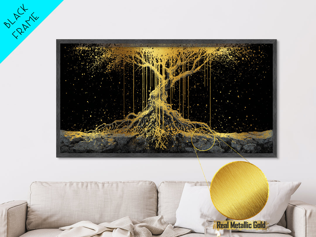 Norse Yggdrasil Tree of Life Metallic Gold Art Metal Art | Nordic Mythology Office Wall Decor Man Cave Gift in natural wood frame