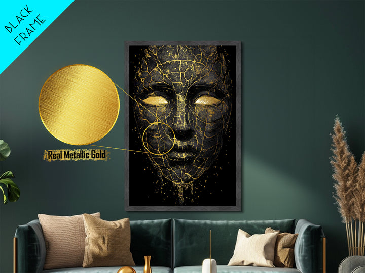 Cracked Mask Metallic Gold Art Metal Art | Norse Mythology Symbolic Face Wall Decor | Viking Pagan Office or Man Cave Art Framed in Wood