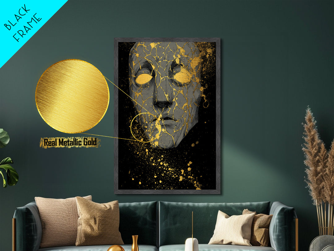 Metallic Gold Art Metal Art Norse Mythology Mask Design, Nordic Wall Decor with Real Wood Frame for Office or Dad Gift