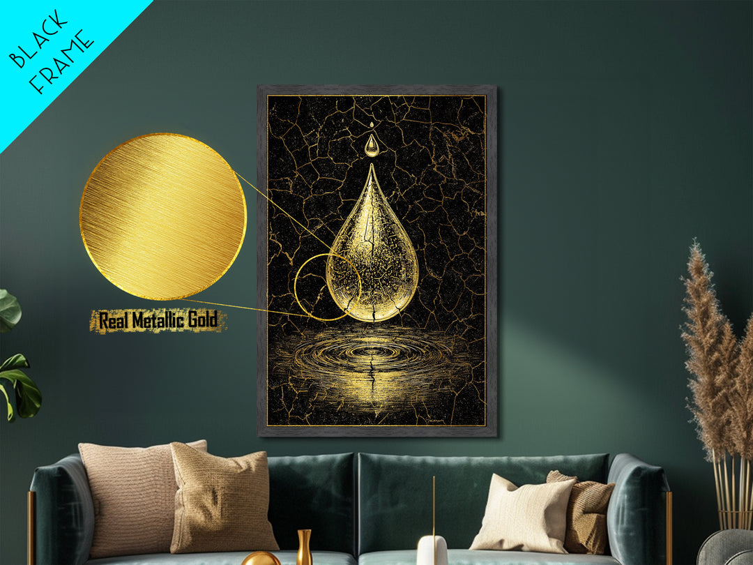 Metallic Gold Art Metal Art Norse Water Drop Symbol Nordic Mythology Office Wall Art for Men framed with real wood