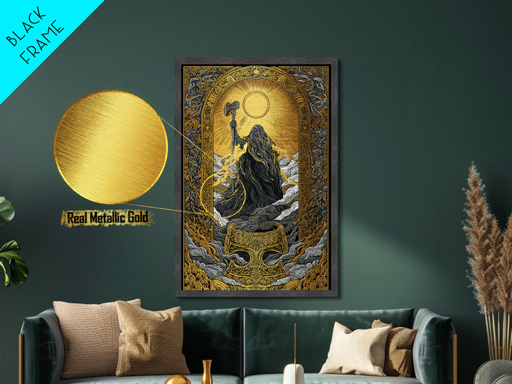 Thor with Hammer Nordic God Metallic Gold Art Metal Art Norse Mythology Wall Art Office or Man Cave Decor in wood frame