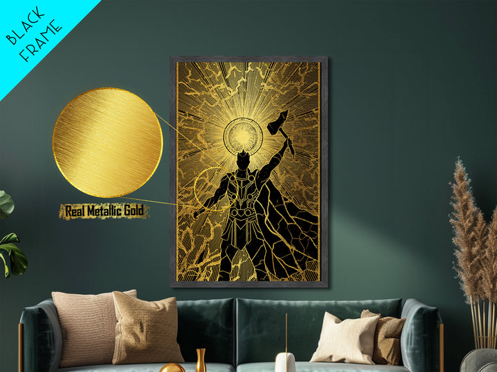 Norse God Thor Lightning Hammer Metallic Gold Art Metal Art Nordic Mythology Office Wall Art Man Cave framed in wood