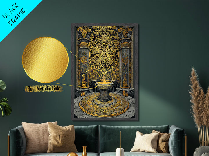 Norse Temple Sacred Flame Metallic Gold Art Metal Art Nordic Mythology Decor Office or Man Cave Wall Art real wood frame