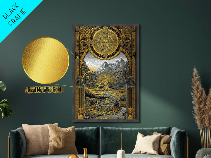 Yggdrasil World Tree Metallic Gold Art Metal Art Nordic Mythology Nature Wall Decor, Viking Office or Man Cave framed in wood