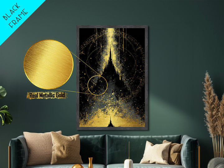 Mystical Asgard Silhouette Metallic Gold Art Metal Art Nordic Mythology Fantasy Castle Wall Decor, framed in natural wood style