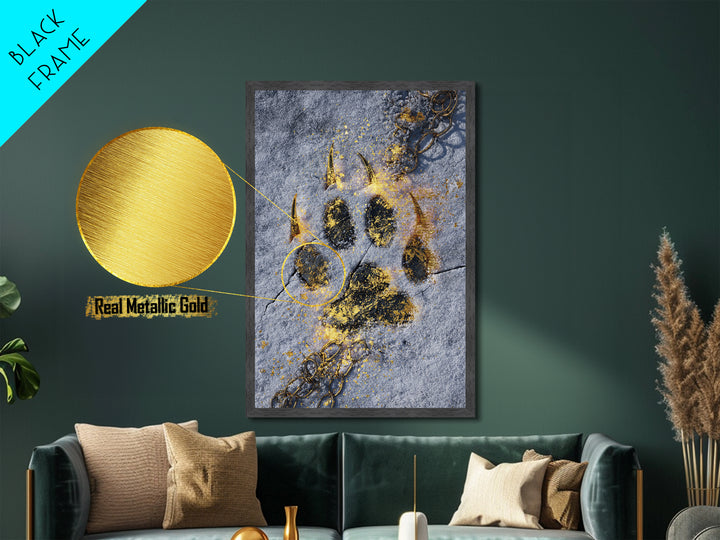 Fenrir’s Paw Print Metallic Gold Art Metal Art Norse Wolf Mythology Wall Decor, Viking Office Art framed with real wood for Men
