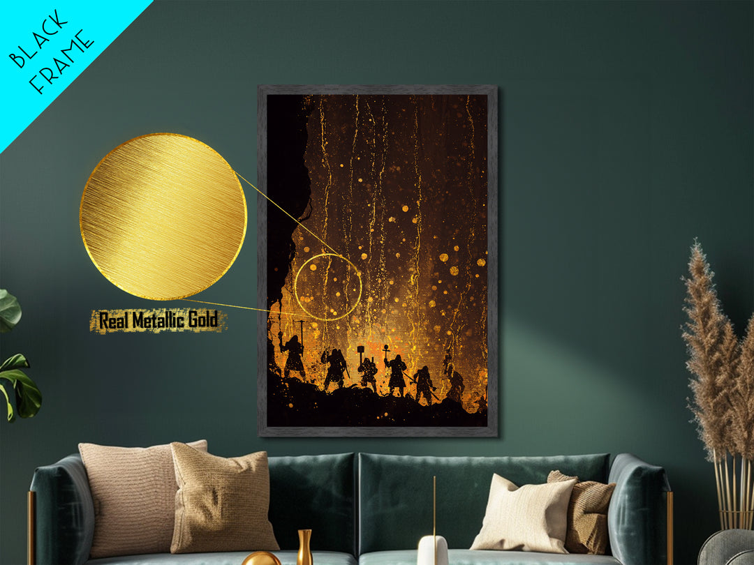 Norse Dwarves Warrior Silhouette Metallic Gold Art Metal Art Nordic Mythology Man Cave Wall Decor framed in natural wood