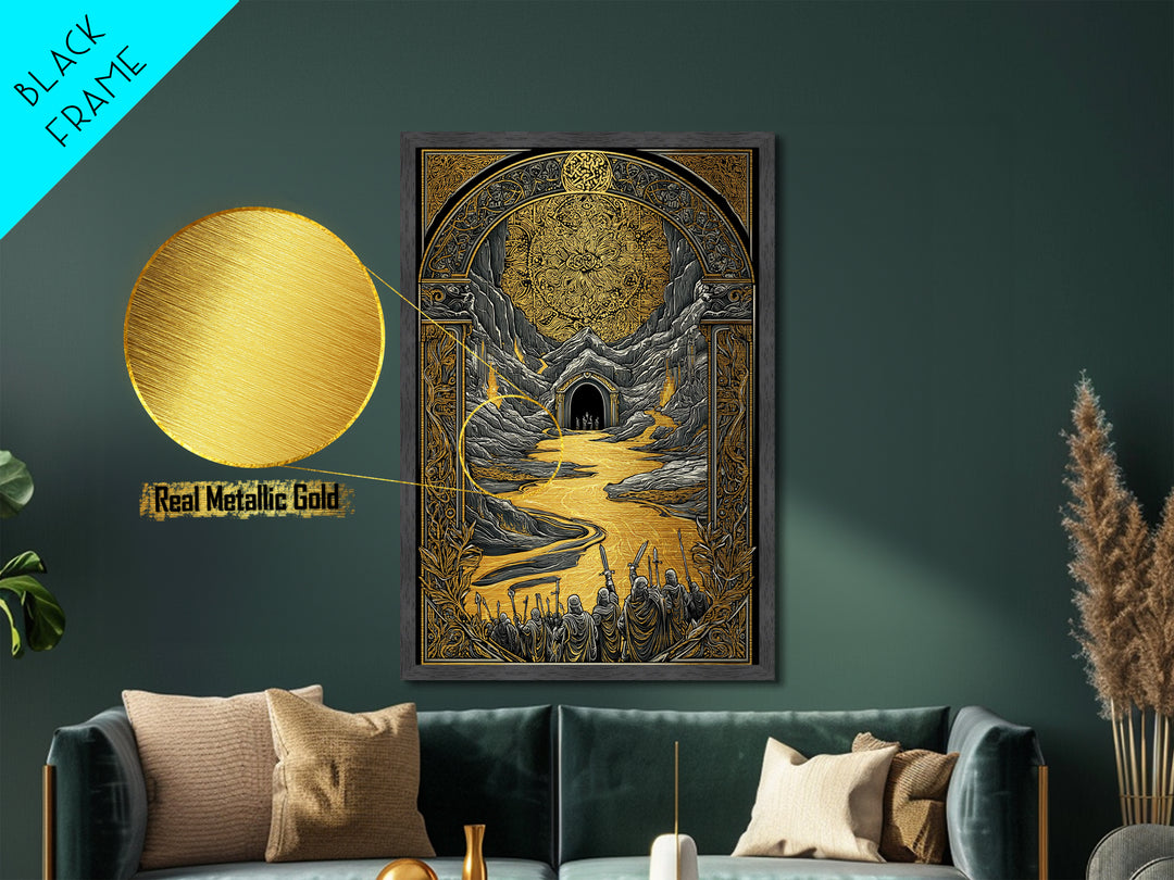 Viking Army March to Battle Metallic Gold Art Metal Art Norse Mythology Office Art Nordic Wall Decor with real wood frame