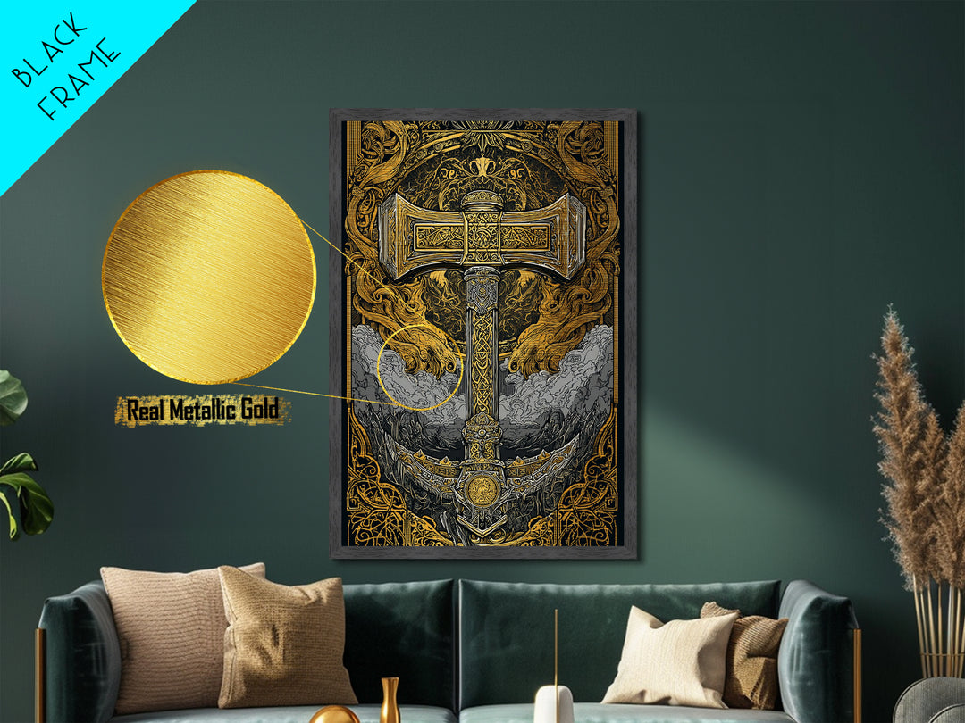Thor’s Hammer Mjölnir Intricate Nordic Design Metallic Gold Art Metal Art Norse Mythology Man Cave Wall Art framed in oak