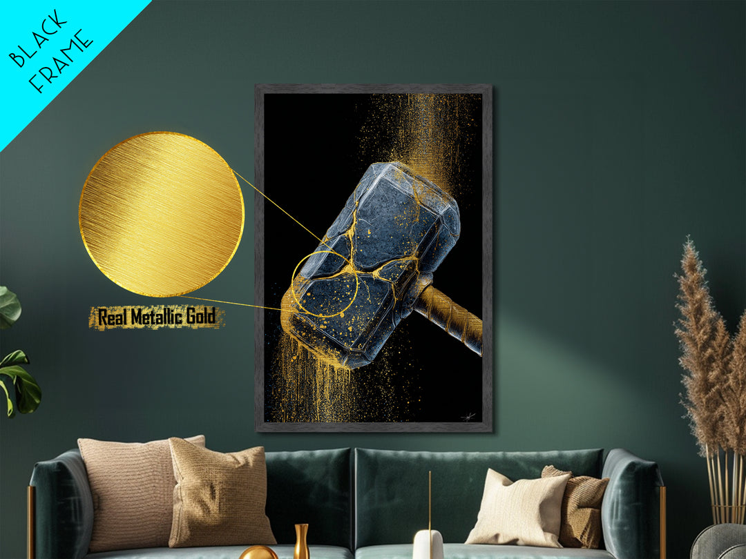 Norse Hammer Metallic Gold Art Metal Art Nordic Mythology Office Decor Dad Gift Modern Wall Hanging in handcrafted wood frame