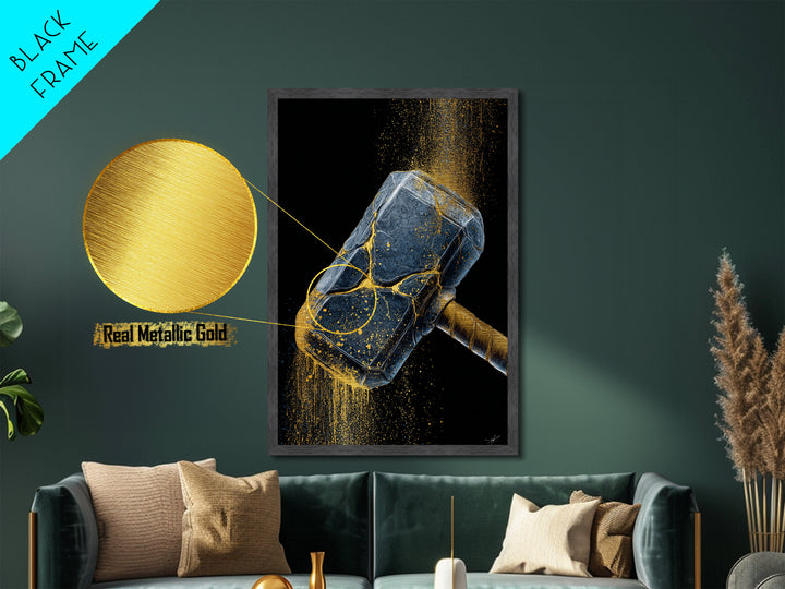 Norse Hammer Metallic Gold Art Metal Art Nordic Mythology Office Decor Dad Gift Modern Wall Hanging in handcrafted wood frame